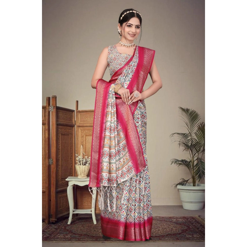 Women's Cotton Silk Printed Saree With Unstitched Blouse 5.5Mtr (Pink)