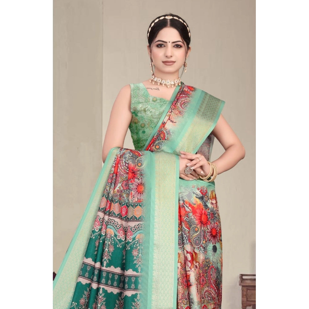 Women's Cotton Silk Printed Saree With Unstitched Blouse 5.5Mtr (Light Green)
