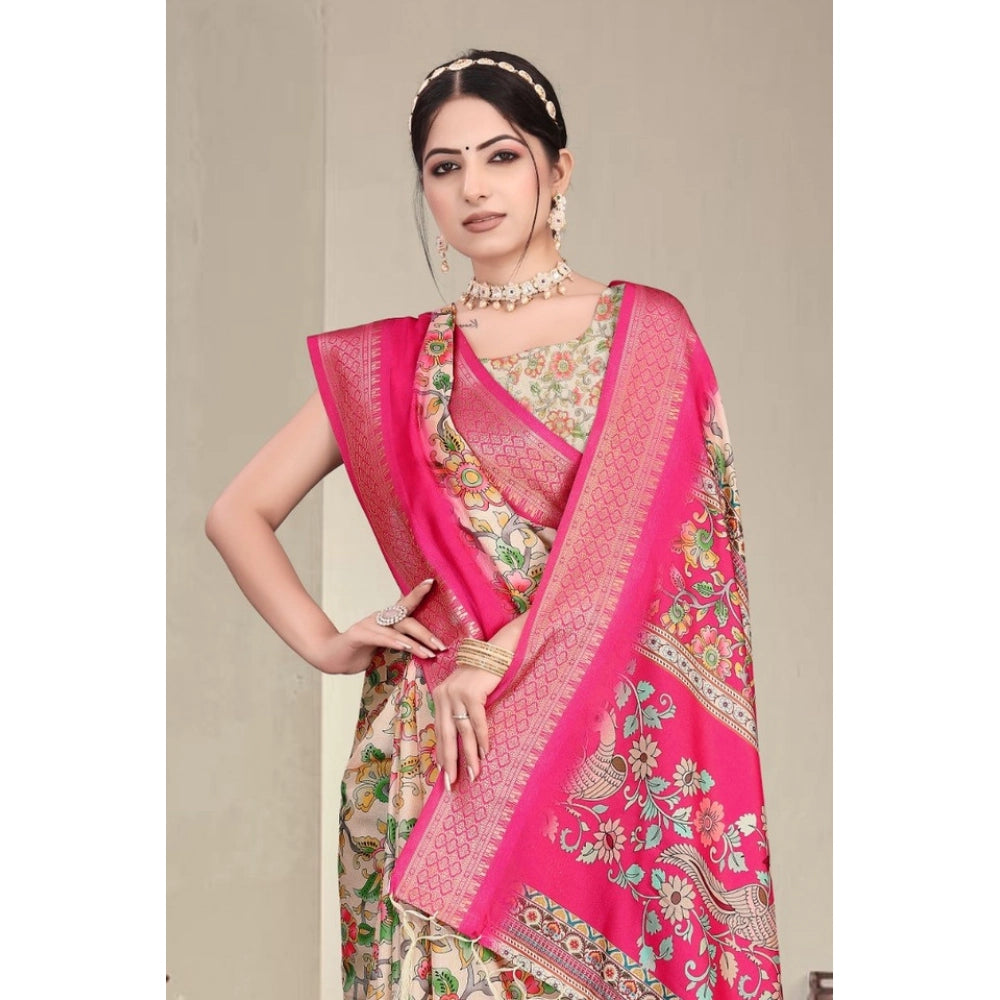 Women's Cotton Silk Printed Saree With Unstitched Blouse 5.5Mtr (Pink)