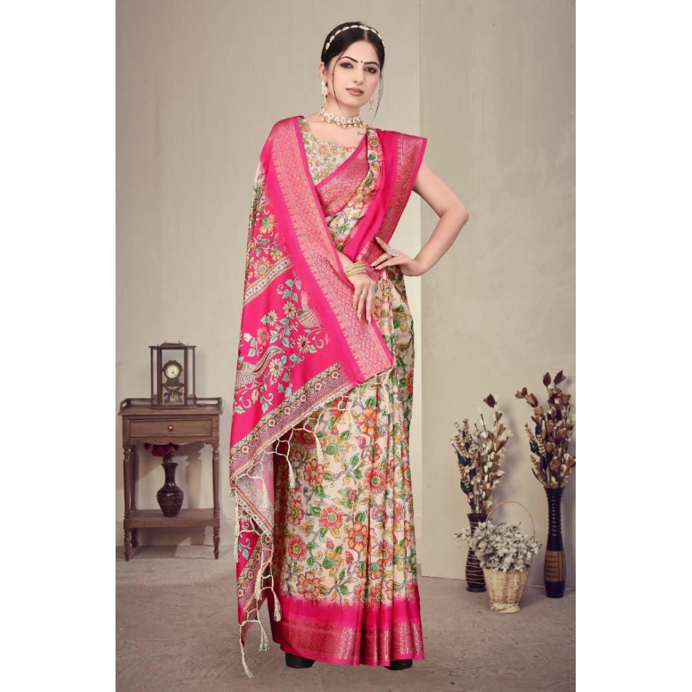 Women's Cotton Silk Printed Saree With Unstitched Blouse 5.5Mtr (Pink)