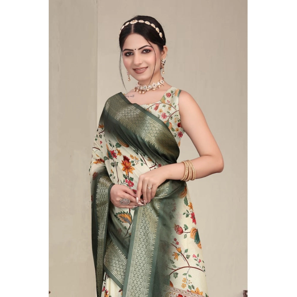 Women's Cotton Silk Printed Saree With Unstitched Blouse 5.5Mtr (Green)