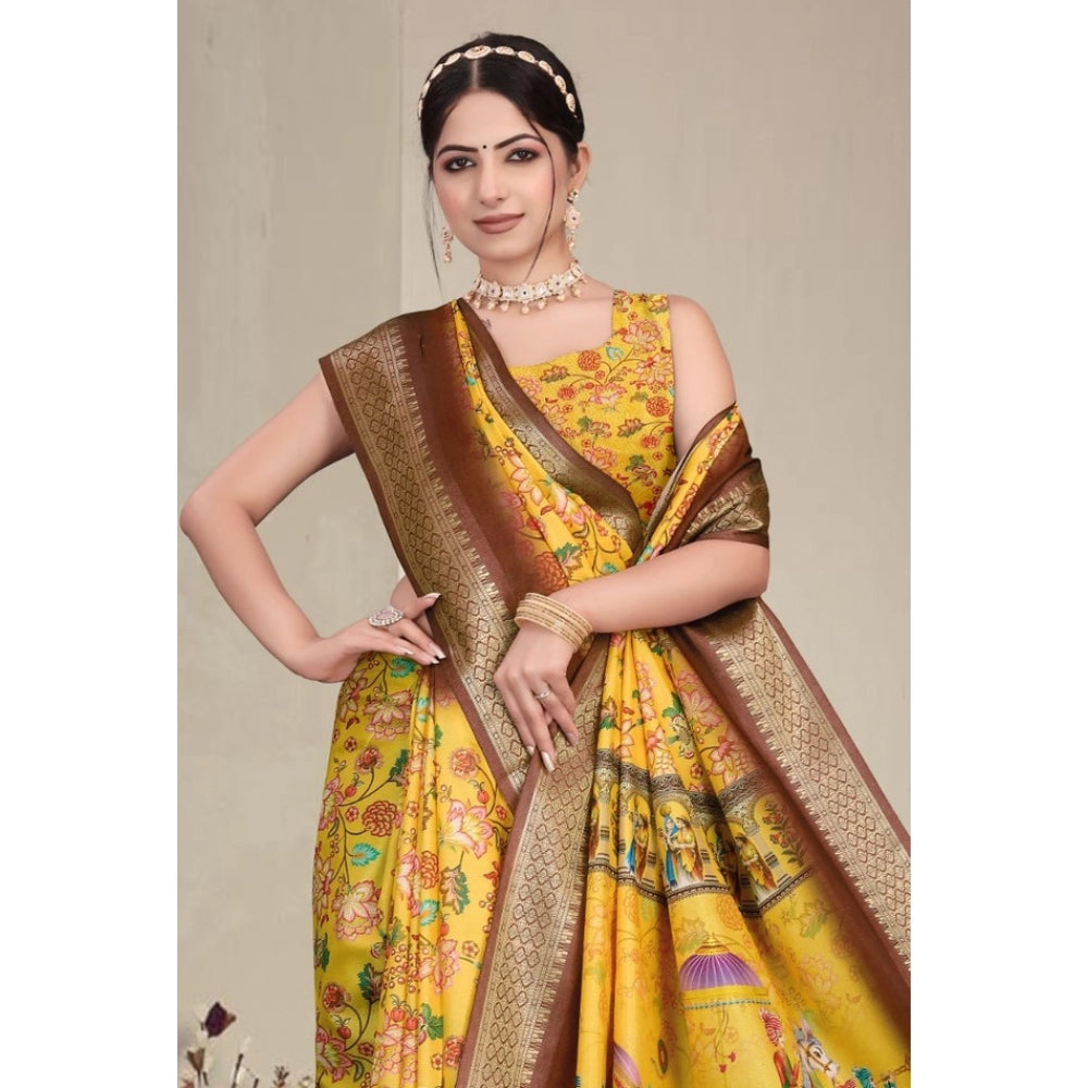 Women's Cotton Silk Printed Saree With Unstitched Blouse 5.5Mtr (Yellow)