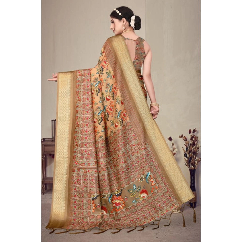 Women's Cotton Silk Printed Saree With Unstitched Blouse 5.5Mtr (Peach)