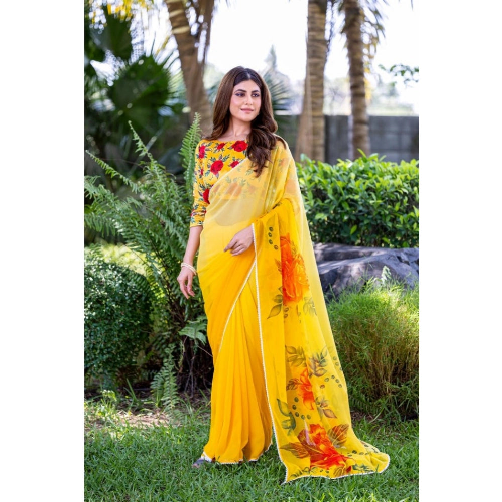 Women's Georgette Printed Saree With Unstitched Blouse 5.5Mtr (Yellow)