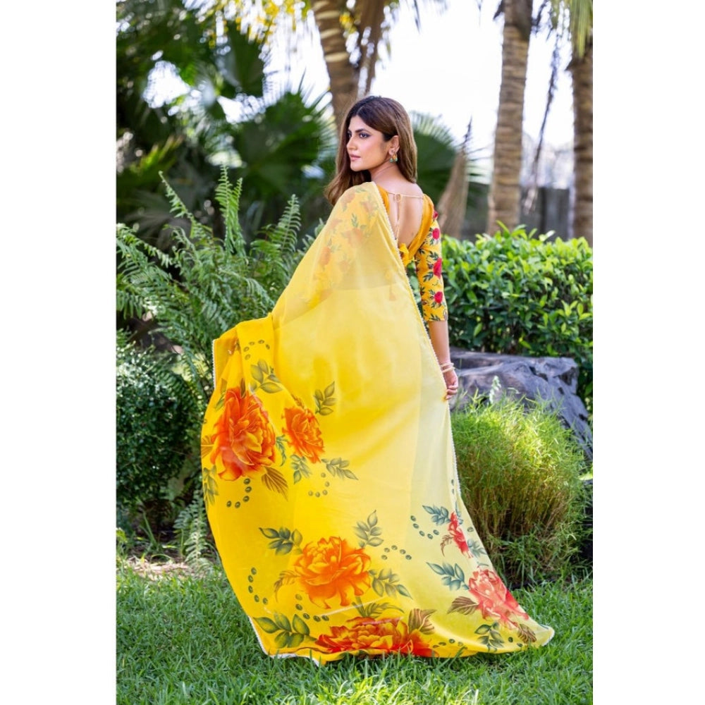 Women's Georgette Printed Saree With Unstitched Blouse 5.5Mtr (Yellow)