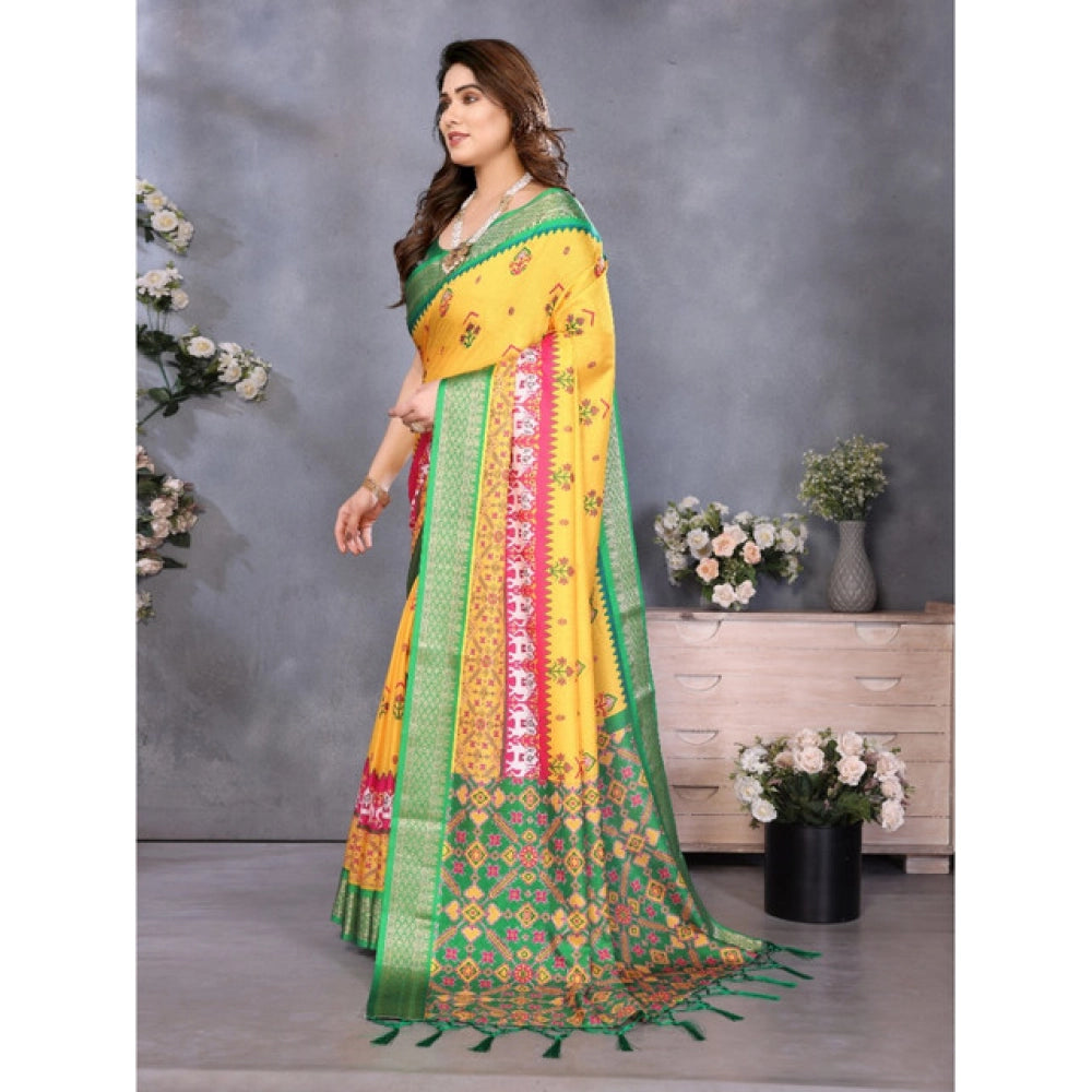 Women's Cotton Silk Printed Saree With Unstitched Blouse 5.5Mtr (Yellow)
