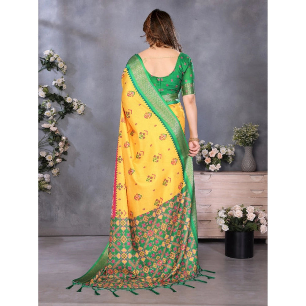 Women's Cotton Silk Printed Saree With Unstitched Blouse 5.5Mtr (Yellow)
