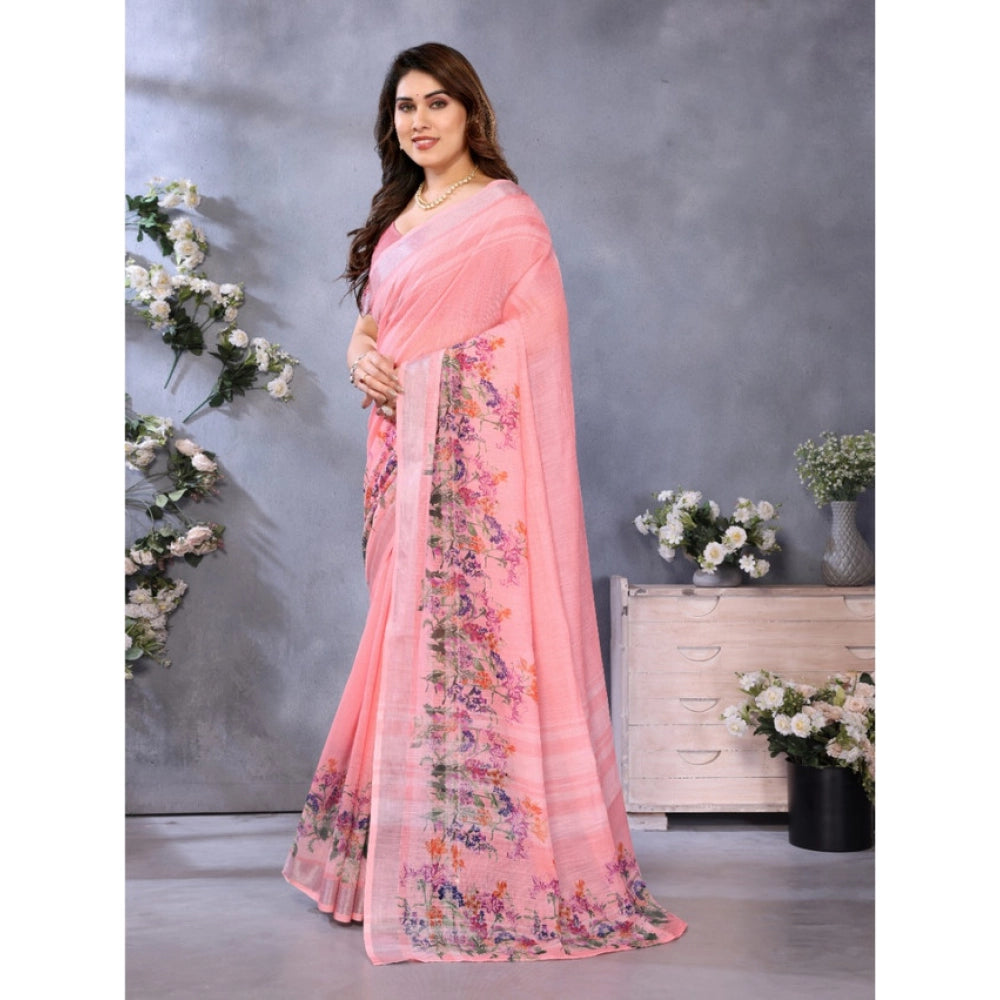 Women's Linen Cotton Printed Saree With Unstitched Blouse 5.5Mtr (Peach)
