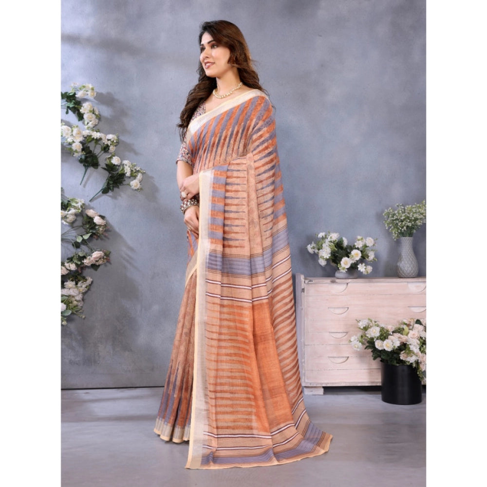 Women's Linen Cotton Printed Saree With Unstitched Blouse 5.5Mtr (Brown)