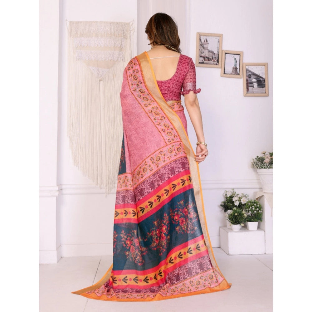 Women's Linen Cotton Printed Saree With Unstitched Blouse 5.5Mtr (Pink)