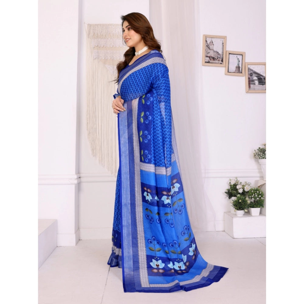 Women's Linen Cotton Printed Saree With Unstitched Blouse 5.5Mtr (Blue)