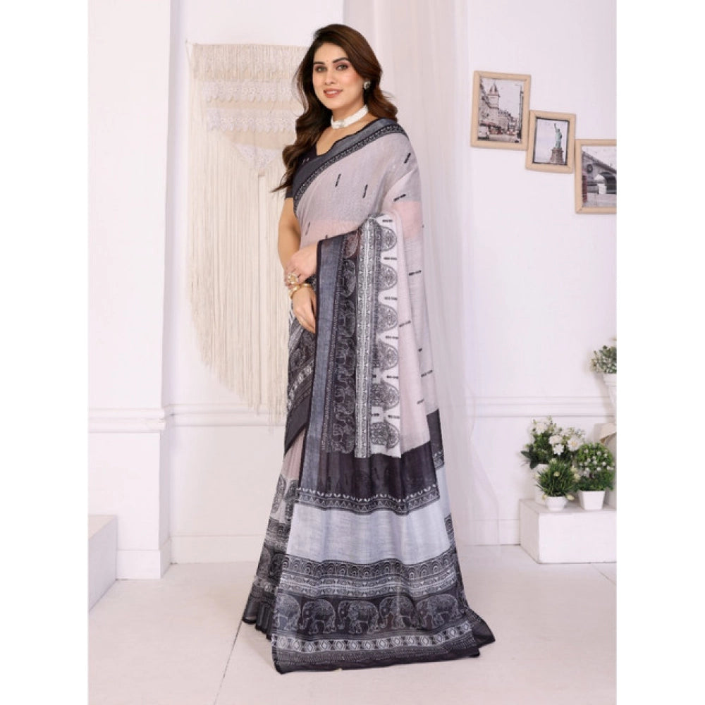 Women's Linen Cotton Printed Saree With Unstitched Blouse 5.5Mtr (White & Black)