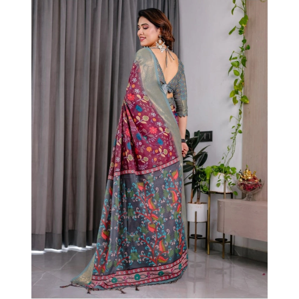 Women's Linen Printed Saree With Unstitched Blouse 5.5Mtr (Purple)