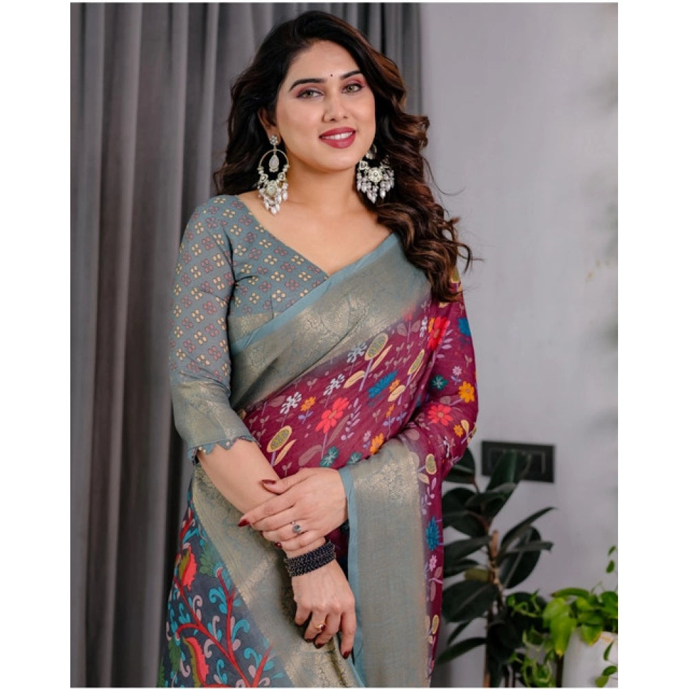 Women's Linen Printed Saree With Unstitched Blouse 5.5Mtr (Purple)