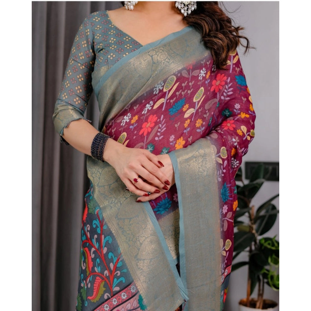 Generic Women's Linen Printed Saree With Unstitched Blouse 5.5Mtr (Purple)