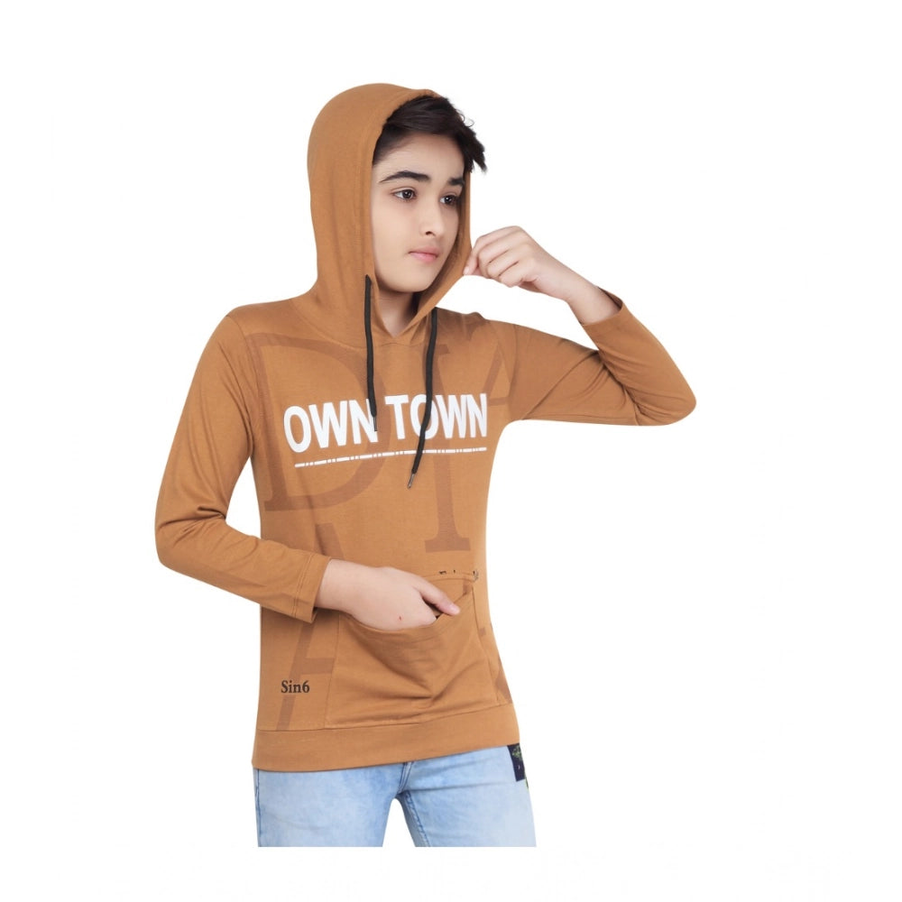 Boy's Cotton Printeded Hooded Neck Hoodies (Brown)