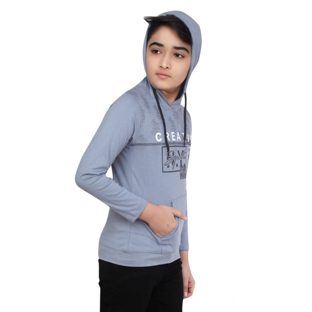 Boy's Cotton Printeded Hooded Neck Hoodies (Steel Blue)