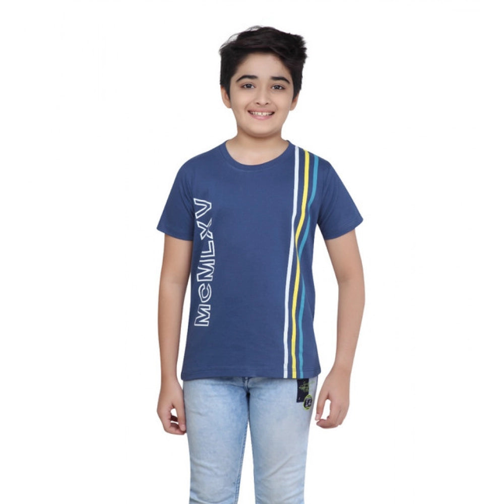 Boy's Cotton Grapic Printed Round Neck T-Shirt (Blue)