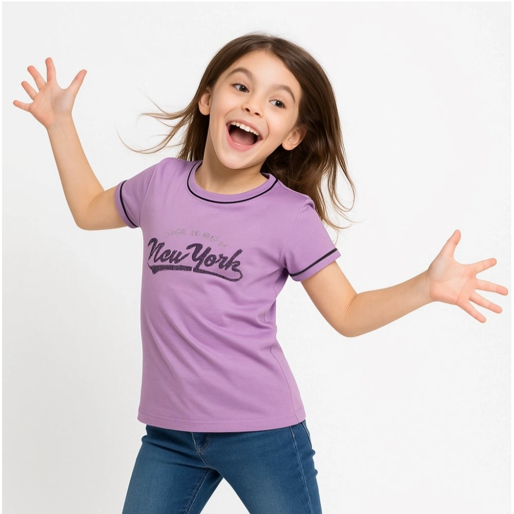Girl's Cotton Printeded Round Neck T-Shirt (Lavander)