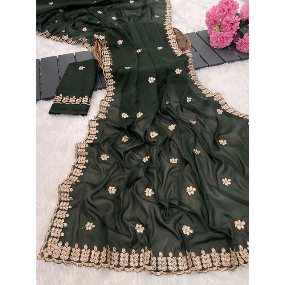 Women's Georgette Embroidered Saree With Unstitched Blouse 5.5Mtr (Green)