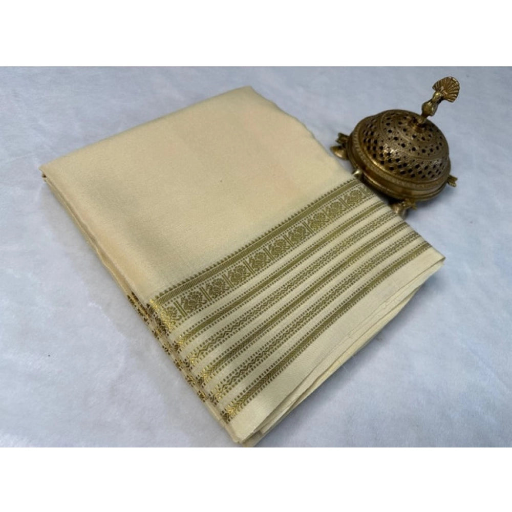 Women's Crepe Chit Pallu Solid Saree With Unstitched Blouse 5.5Mtr (Beige)