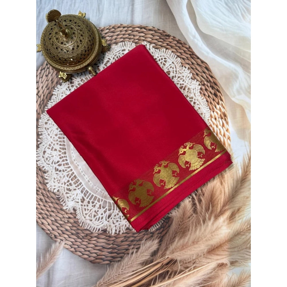 Women's Crepe Chit Pallu Solid Saree With Unstitched Blouse 5.5Mtr (Red)