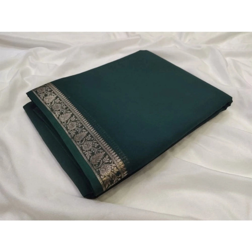 Women's Crepe Chit Pallu Solid Saree With Unstitched Blouse 5.5Mtr (Bottle Green)