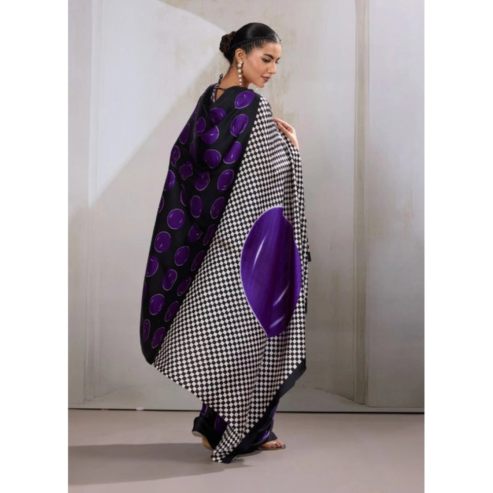Women's Satin Crepe Printed Saree With Unstitched Blouse 5.5Mtr (Purple)