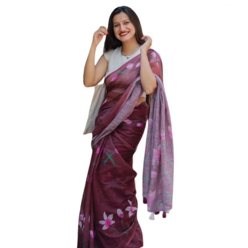 Women's Linen Printed Saree With Unstitched Blouse 5.5Mtr (Brown)