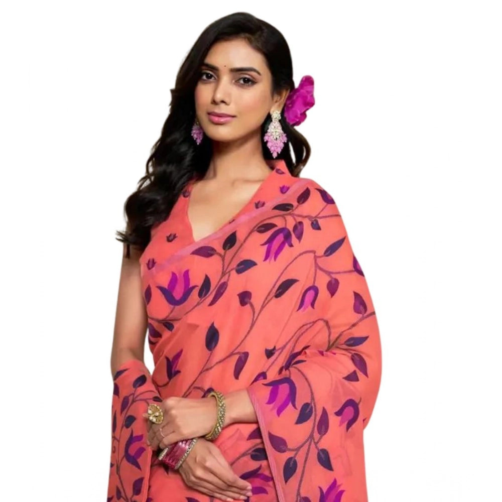 Women's Georgette Printed Saree With Unstitched Blouse 5.5Mtr (Peach)