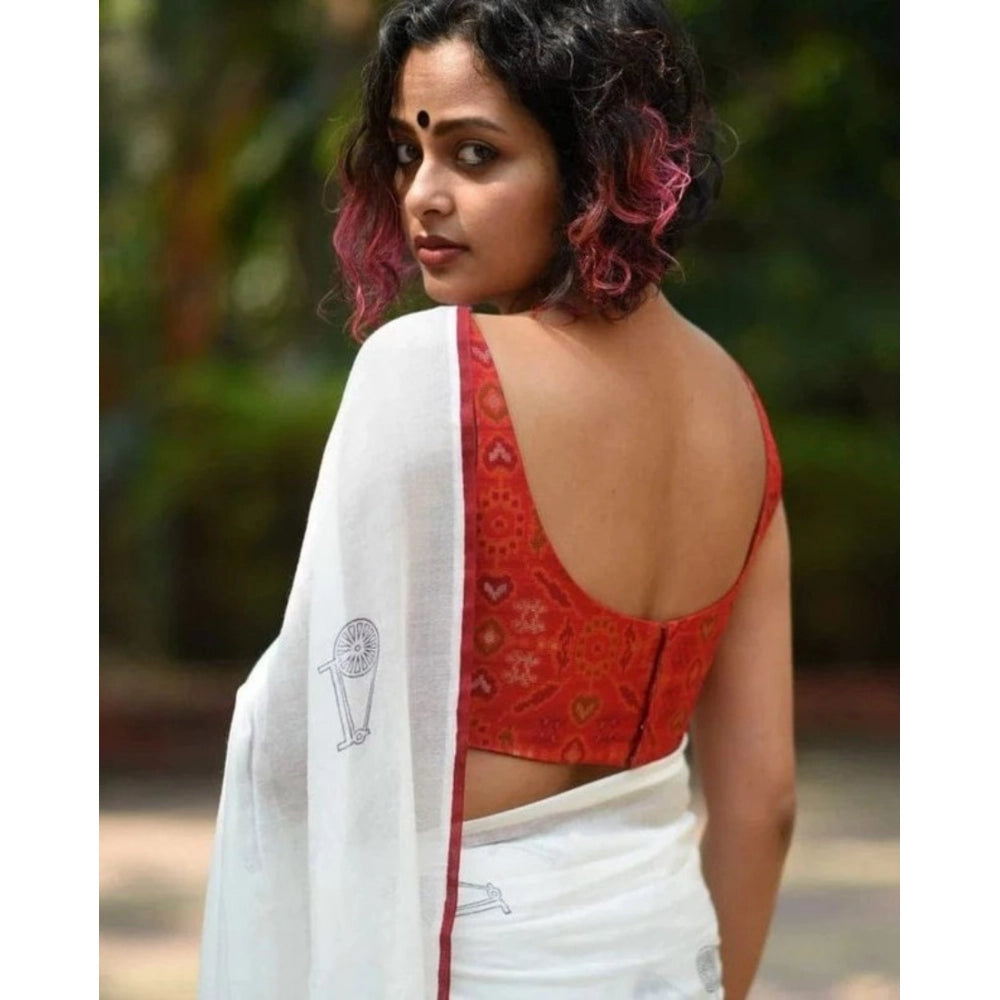 Women's Linen Printed Saree With Unstitched Blouse 5.5Mtr (White)