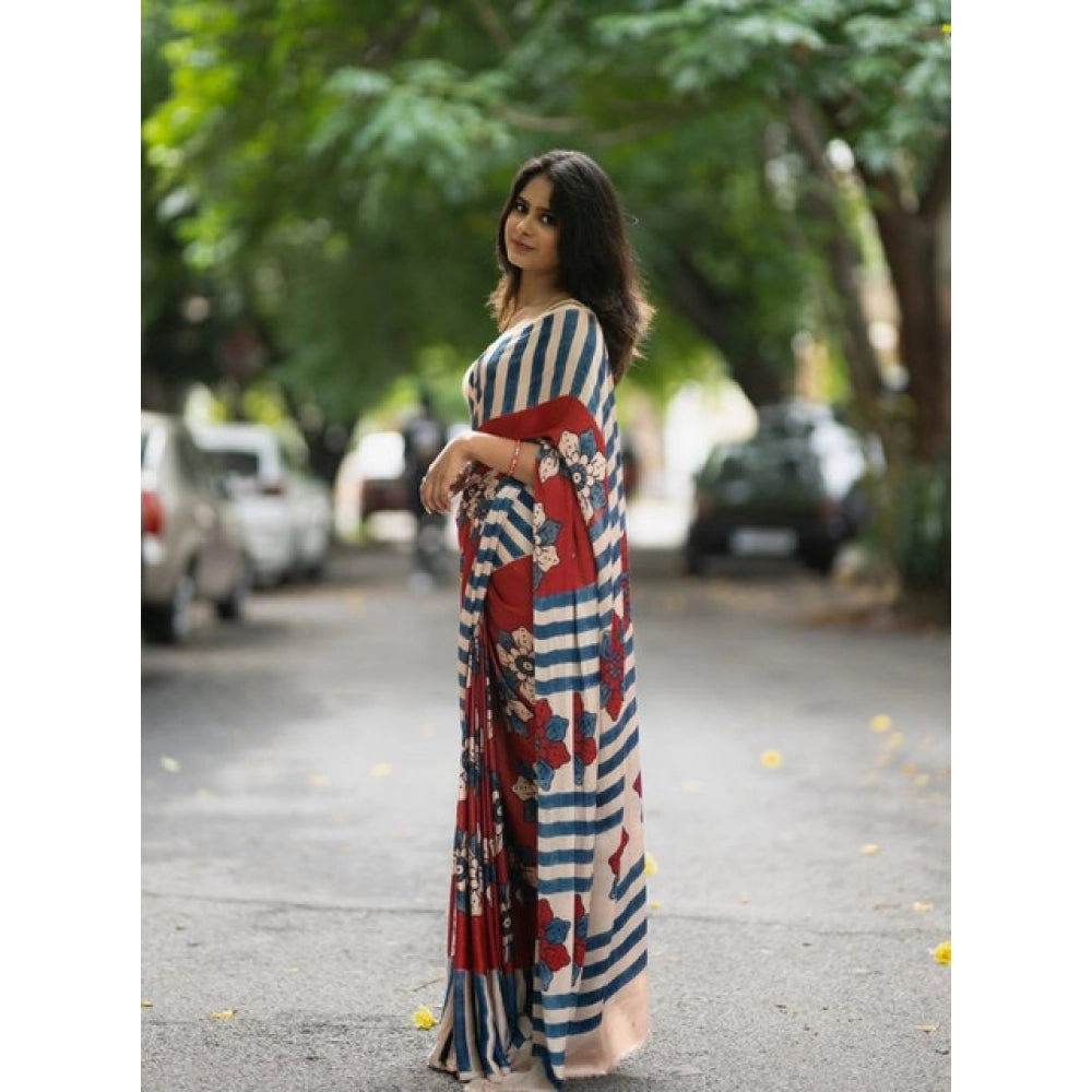 Women's Linen Printed Saree With Unstitched Blouse 5.5Mtr (Red)