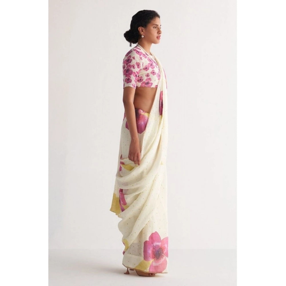 Women's Linen Printed Saree With Unstitched Blouse 5.5Mtr (White)