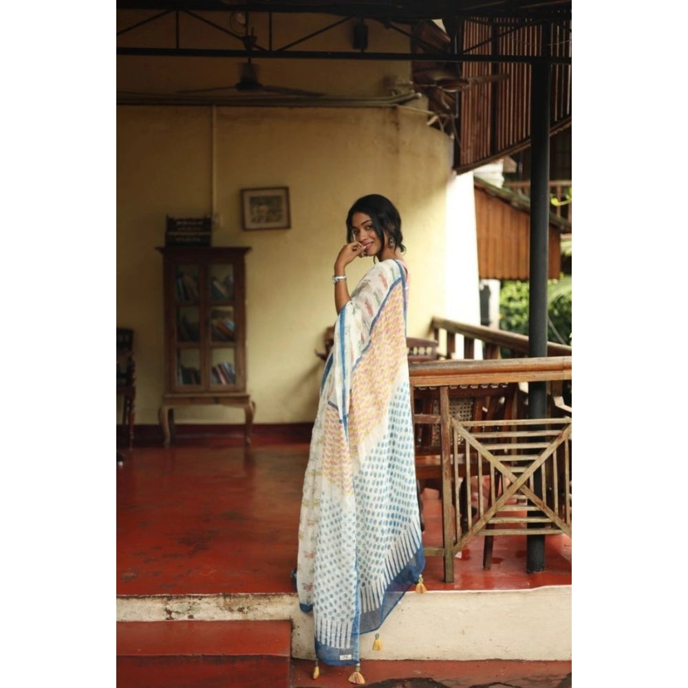Women's Linen Printed Saree With Unstitched Blouse 5.5Mtr (White)