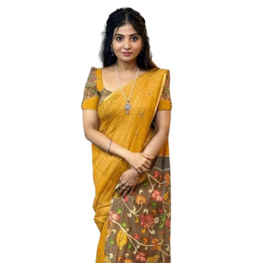 Women's Linen Printed Saree With Unstitched Blouse 5.5Mtr (Mustard)