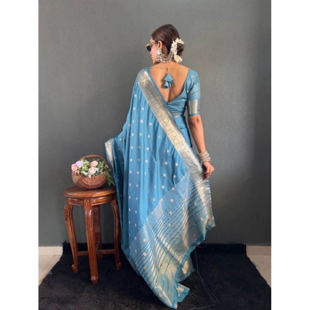 Women's Satin Printed Saree With Unstitched Blouse 5.5Mtr (light Blue)