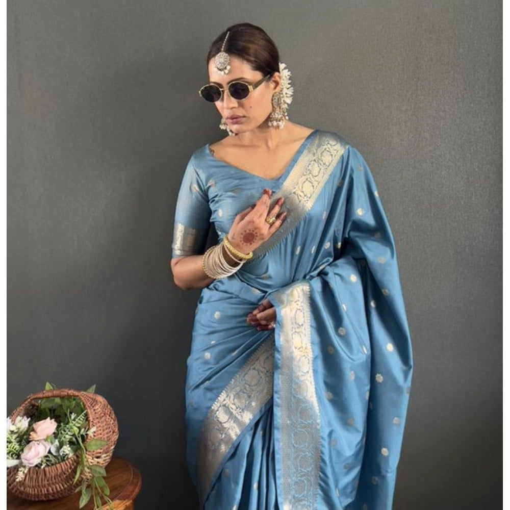 Generic Women's Satin Printed Saree With Unstitched Blouse 5.5Mtr (light Blue)