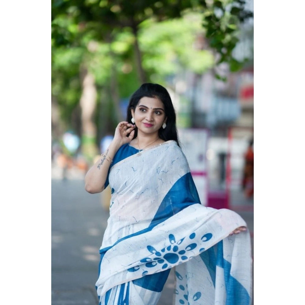 Women's Linen Printed Saree With Unstitched Blouse 5.5Mtr (White)
