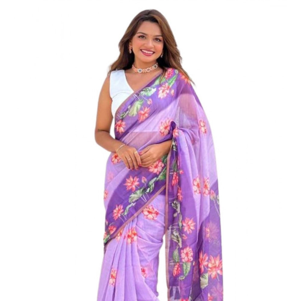 Women's Linen Printed Saree With Unstitched Blouse 5.5Mtr (Purple)