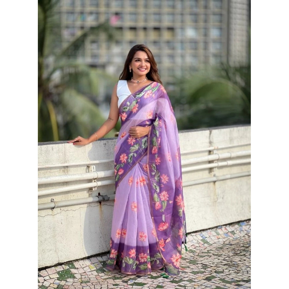Women's Linen Printed Saree With Unstitched Blouse 5.5Mtr (Purple)