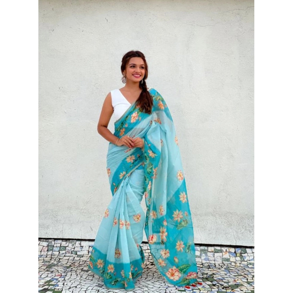 Women's Linen Printed Saree With Unstitched Blouse 5.5Mtr (Aqua)