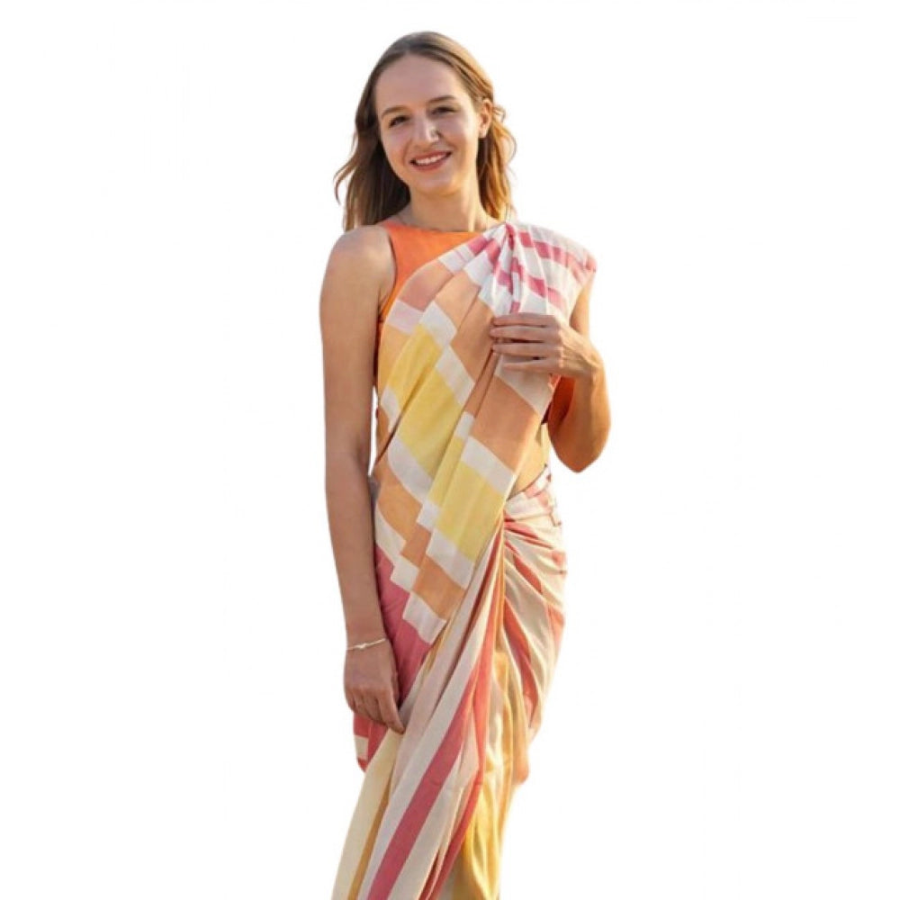 Women's Linen Printed Saree With Unstitched Blouse 5.5Mtr (Yellow)