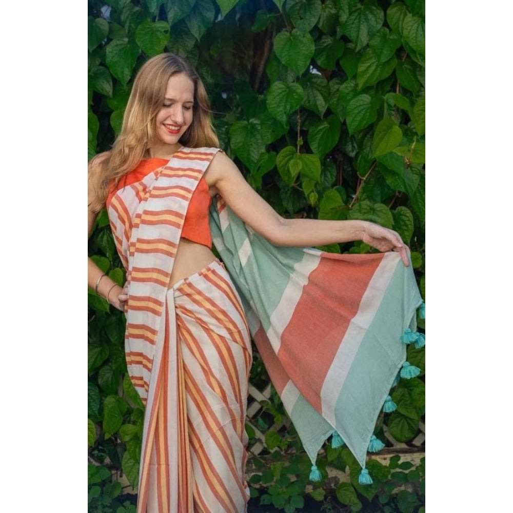 Women's Linen Printed Saree With Unstitched Blouse 5.5Mtr (Orange)