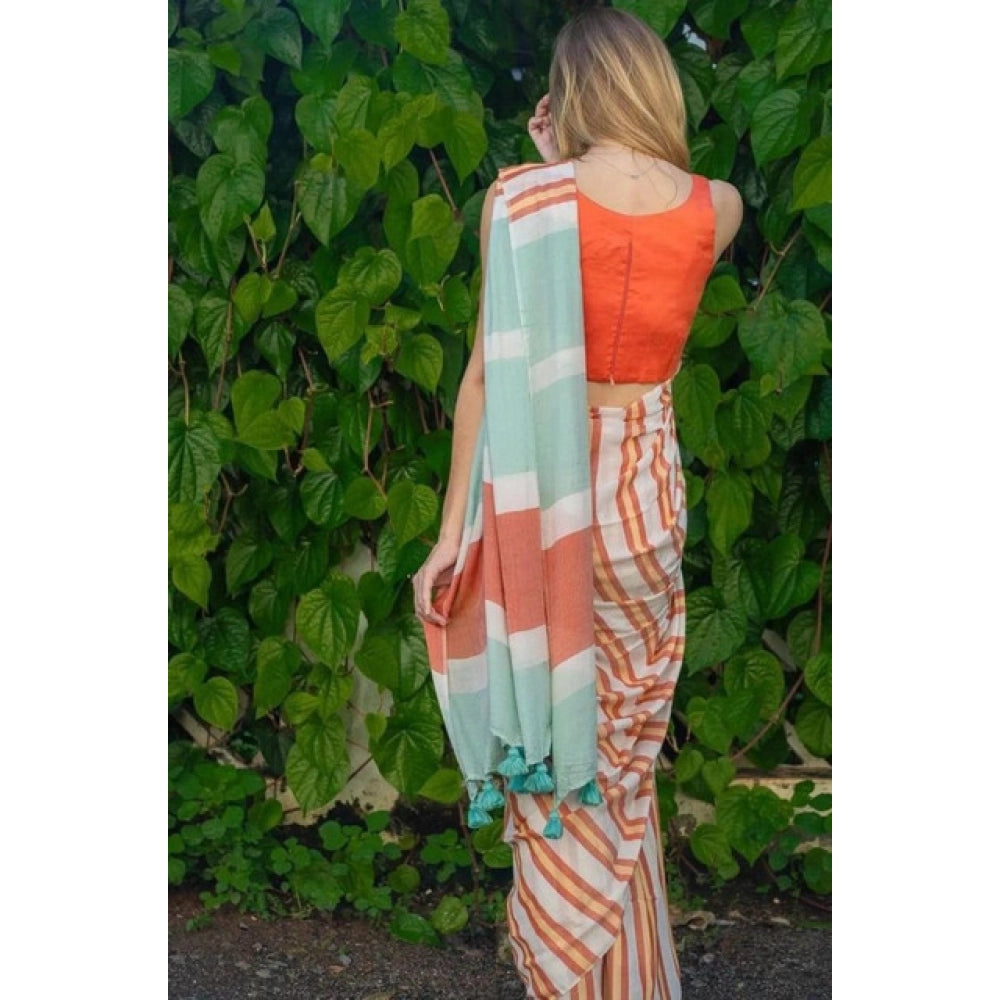 Generic Women's Linen Printed Saree With Unstitched Blouse 5.5Mtr (Orange)