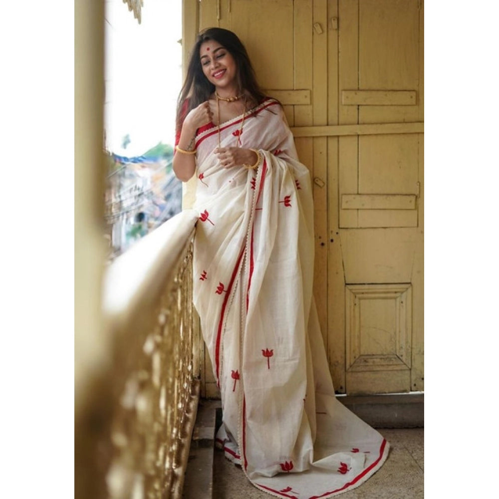 Women's Linen Printed Saree With Unstitched Blouse 5.5Mtr (White)