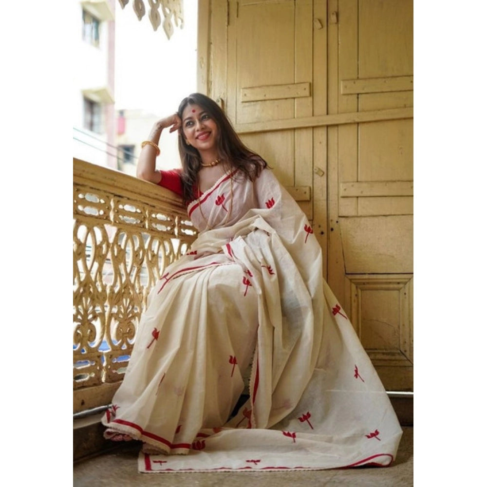 Women's Linen Printed Saree With Unstitched Blouse 5.5Mtr (White)