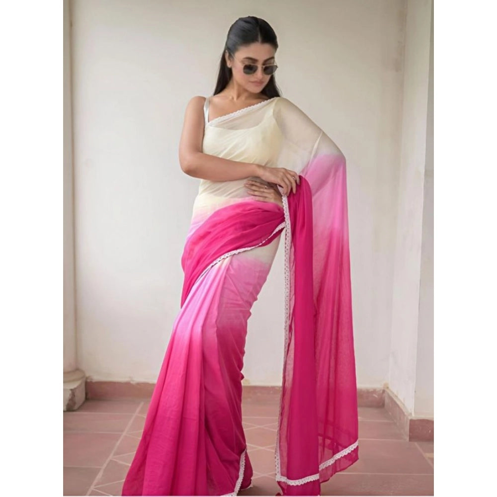 Women's Linen Printed Saree With Unstitched Blouse 5.5Mtr (Pink)