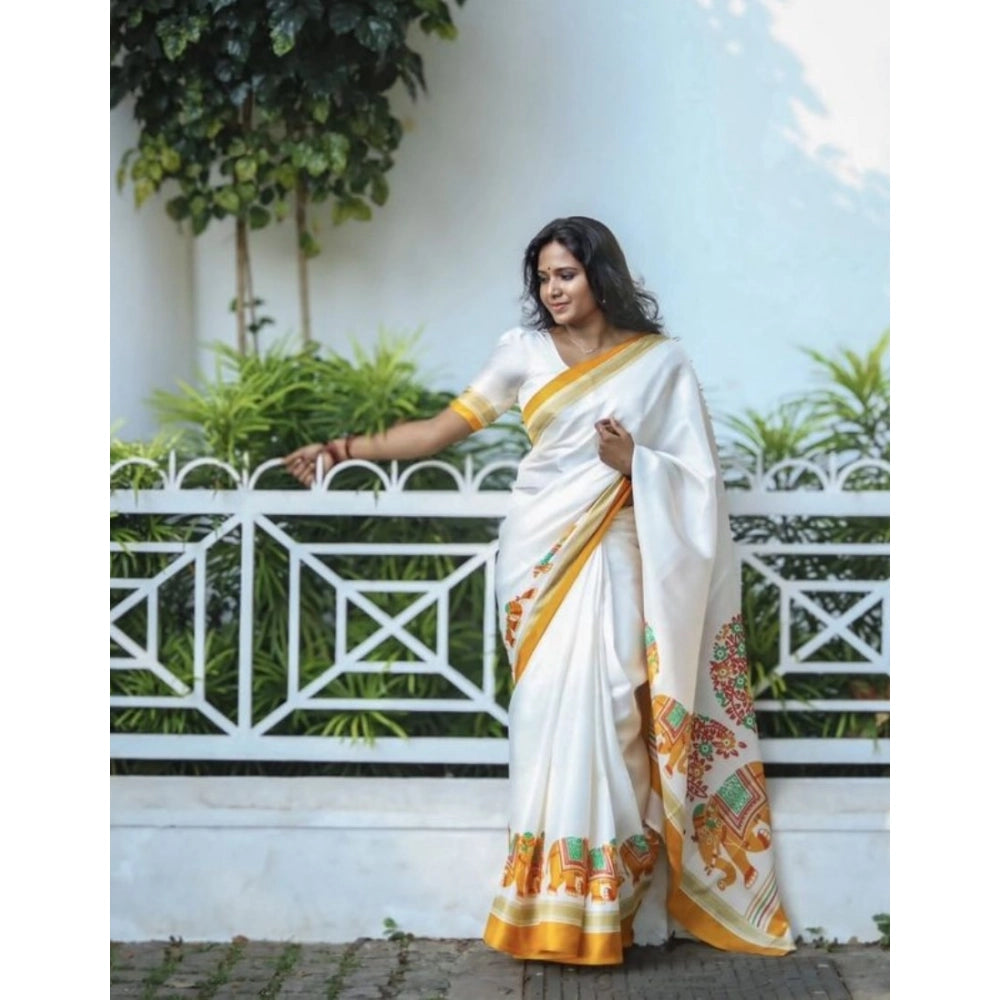 Women's Linen Printed Saree With Unstitched Blouse 5.5Mtr (White)