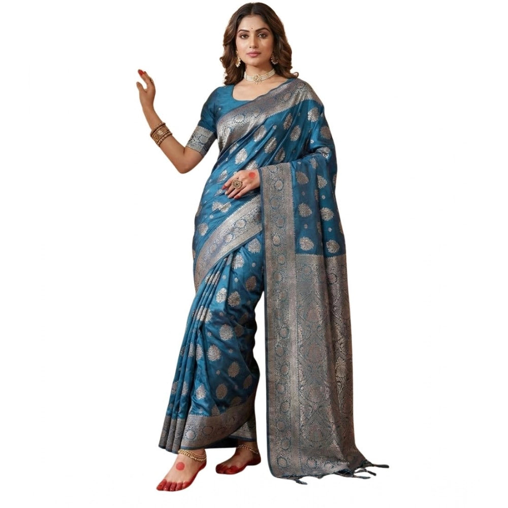 Women's Silk Blend Printed Saree With Unstitched Blouse 5.5Mtr (Teal Blue)