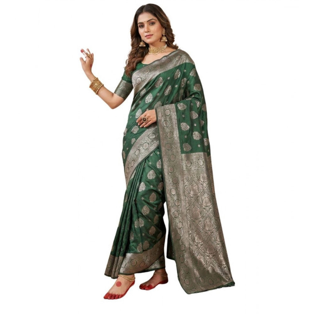 Women's Silk Blend Printed Saree With Unstitched Blouse 5.5Mtr (Dark Green)